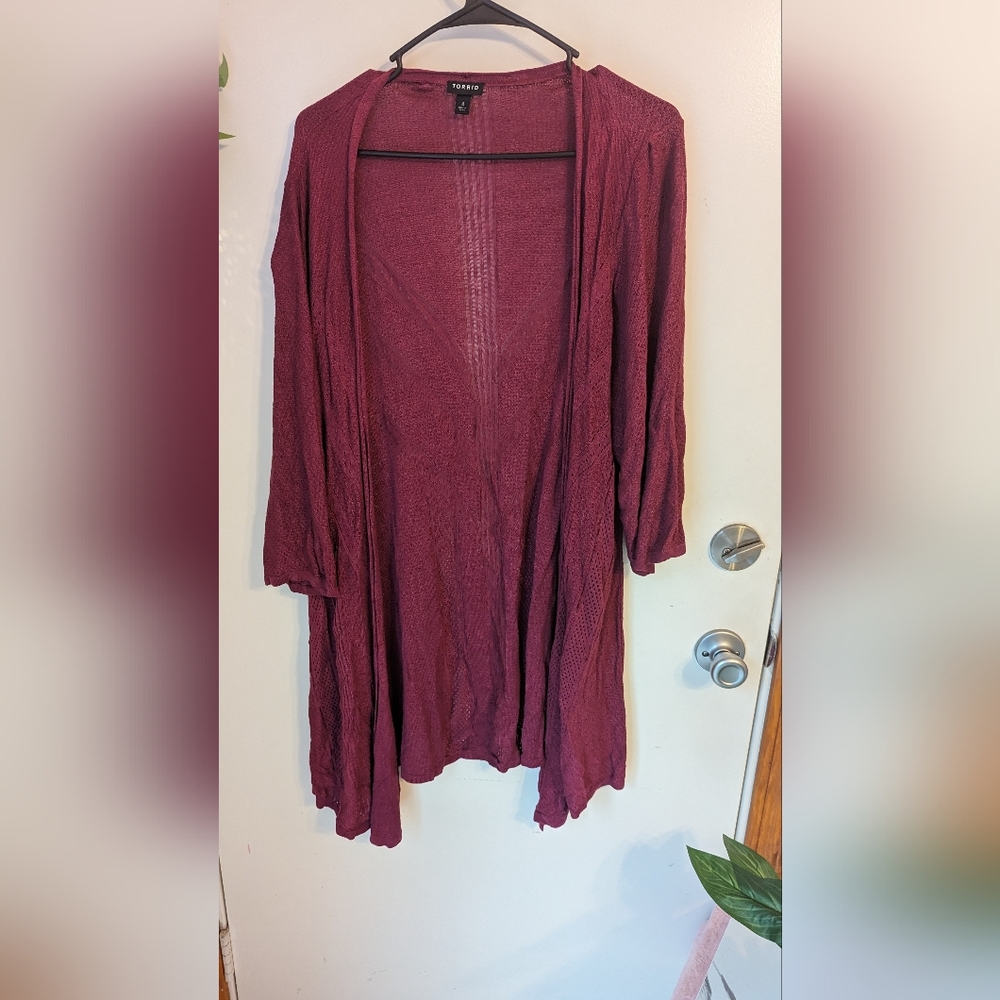 Torrid open front burgundy sweater size 4